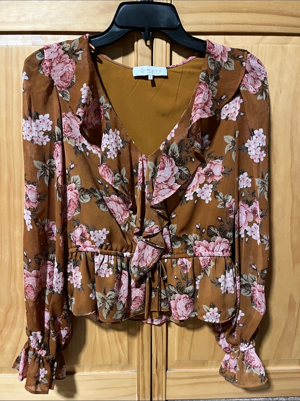Wayf Brown Floral Ruffle Tie-Front Blouse with Pink Roses